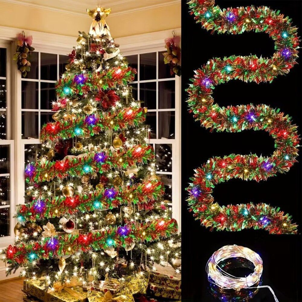 16ft LED Christmas Holiday Tinsel Garland with 50 Lights - Battery Operated